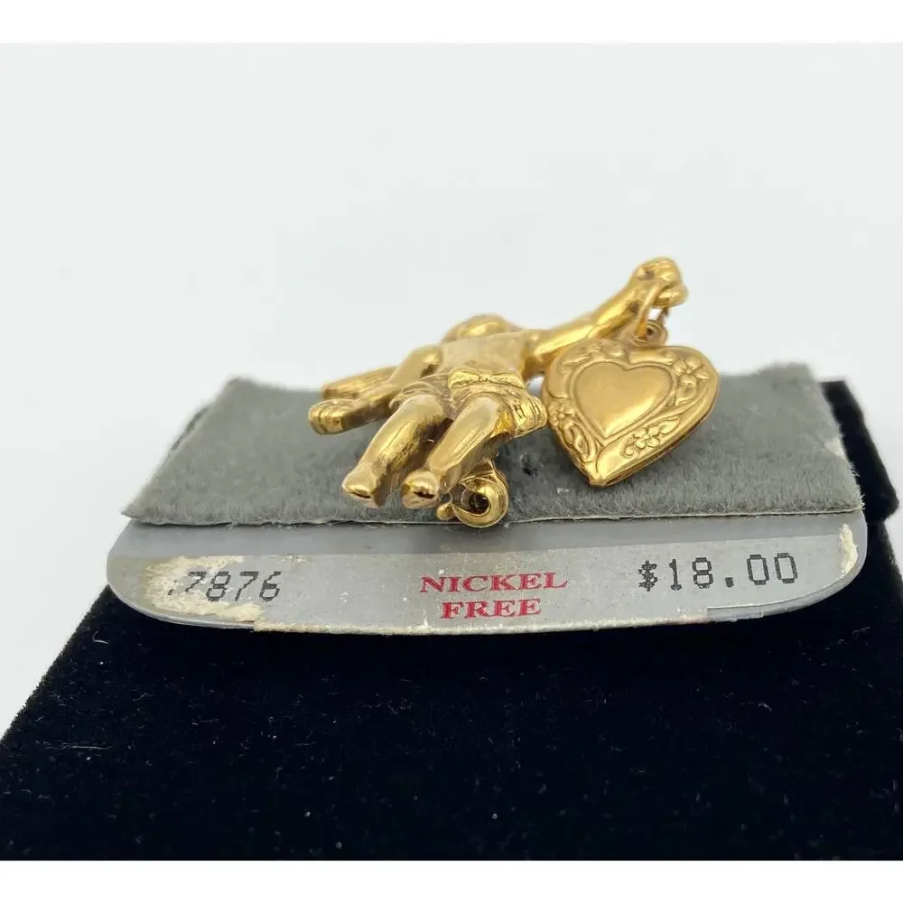 1928 Brand Angel Wings Cherub Brooch Pin Heart Dangle Victorian Style Gold Tone - Picture 5 of 11